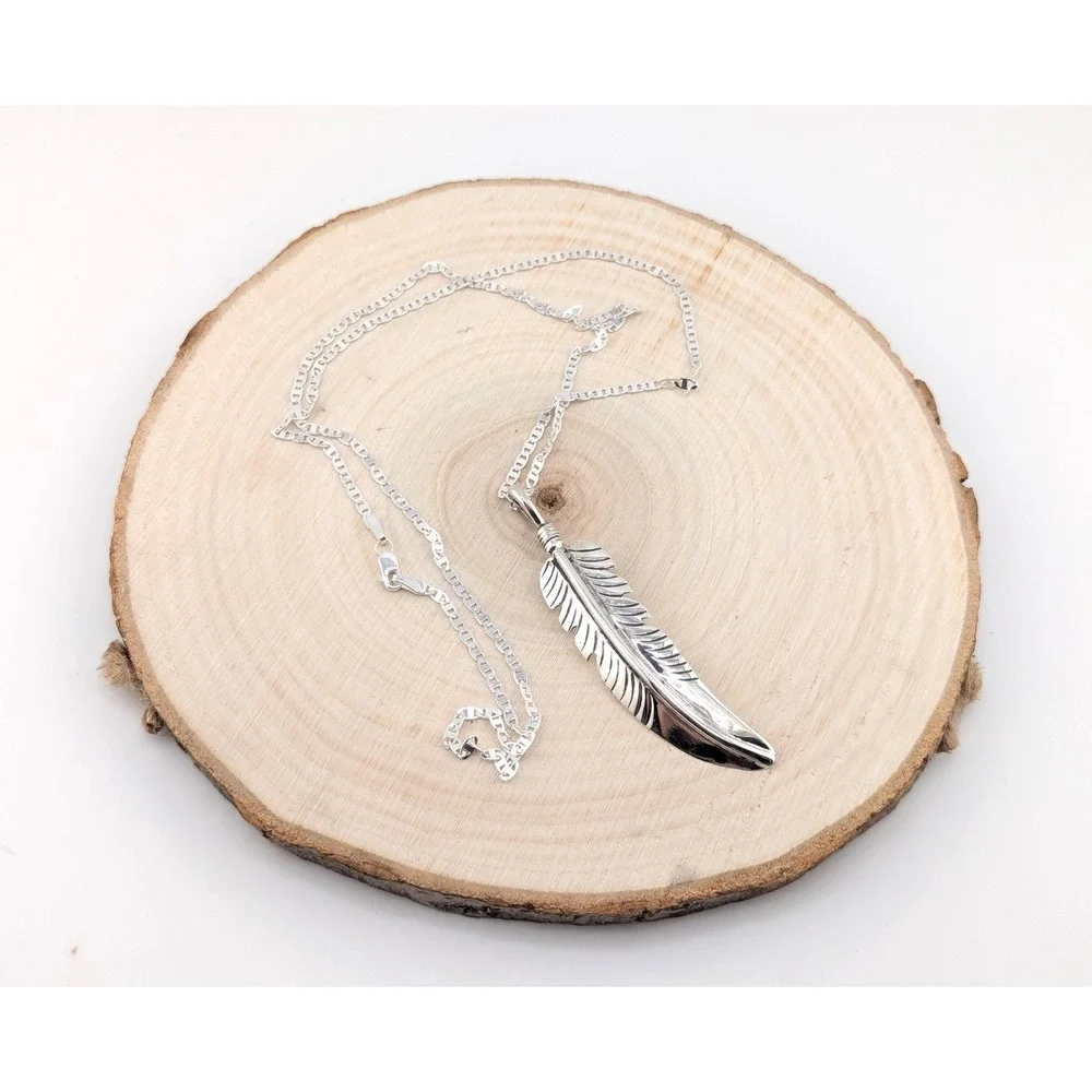 Handmade Navajo Sterling‎ Silver Feather Pendant Necklace NA Jewelry **